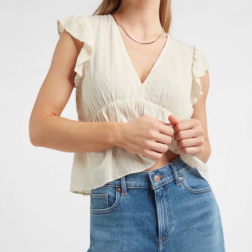 express Embroidered Ruffle Sleeve V-Neck Top sz M